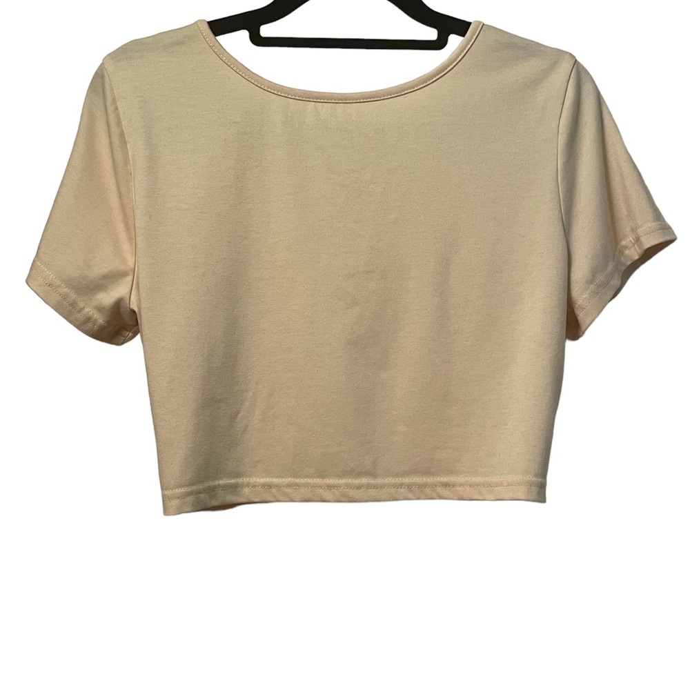 SHEIN woman’s‎ tan open back top, lace tie, cropped, size Large 8-10